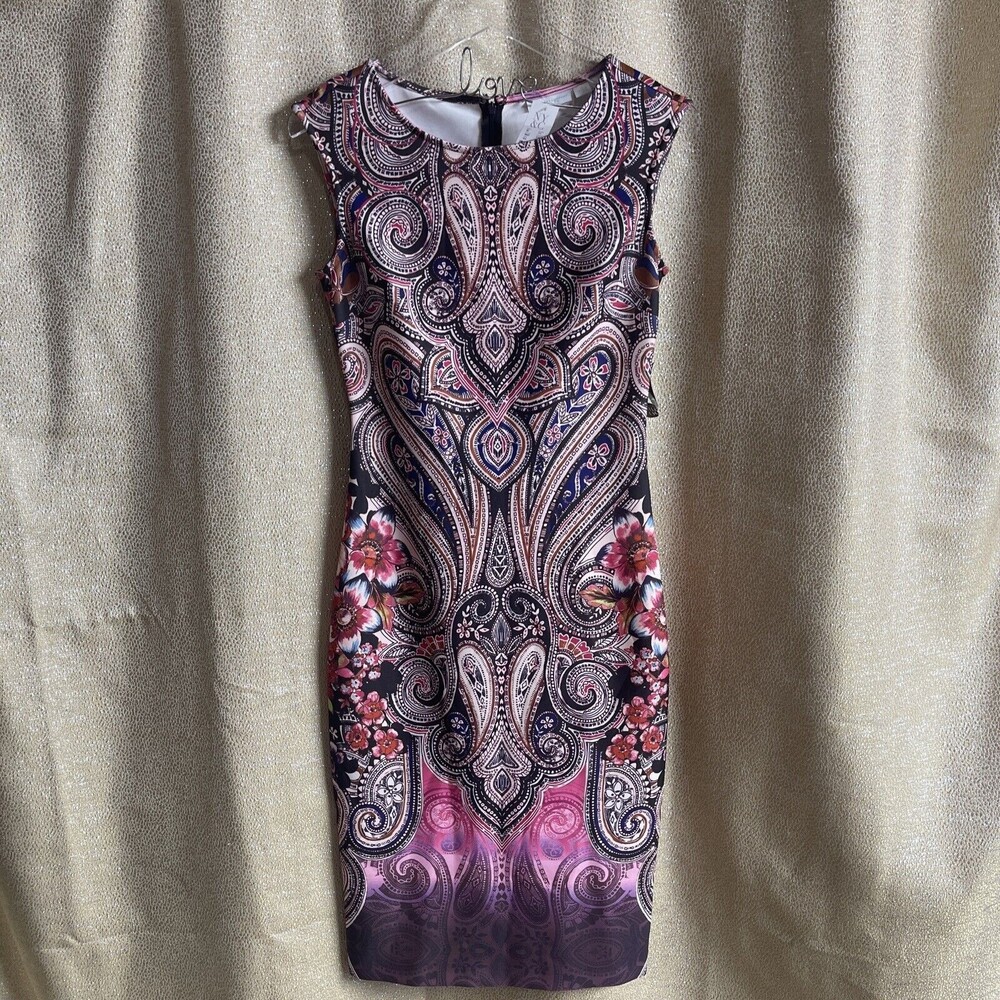 New York and Company stretch sheath pink paisley dress Sz XS New
